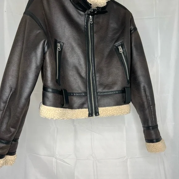 Zara Dark Brown Leather Jacket with Cream Shearling - Picture 2 of 7